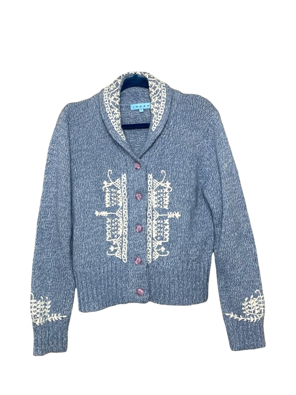 Vintage Index Blue Knit Mohair Blend Embroidered Cardigan Sweater Sz 4 Fuzzy